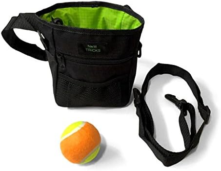 DOG TREAT BAG for TRAINING, WALKING - durable with pockets for everything . . .2 piece bundle includes FREE tennis ball toy by new tricks