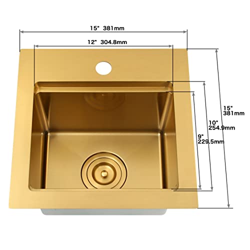 MONSINTA Gold Bar Sink, Top Mount Bar Sink, 15" x 15" Small Single Bowl