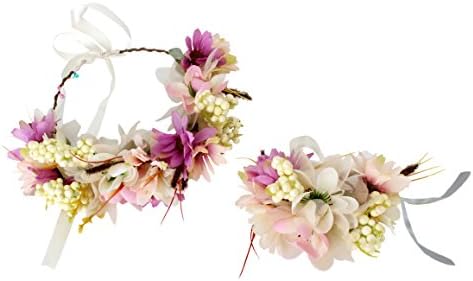 Floral Crown Headband Flower Garland Headband Hair Wreath Hair Garland Flower Halo Floral Headpiece Boho with Wristband Wedding Party Festival Yellow by Brikuinr