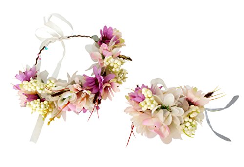 Floral Crown Headband Flower Garland Headband Hair Wreath Hair Garland Flower Halo Floral Headpiece Boho with Wristband Wedding Party Festival Yellow by Brikuinr