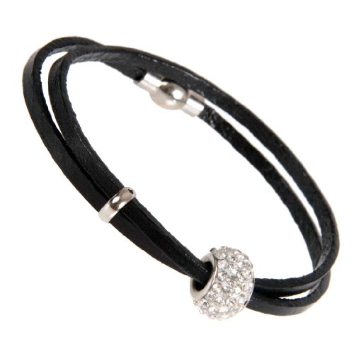 Stunning Womens Urban Jewelry Leather Cubic Zirconia Bead Bracelet 7" (Black)