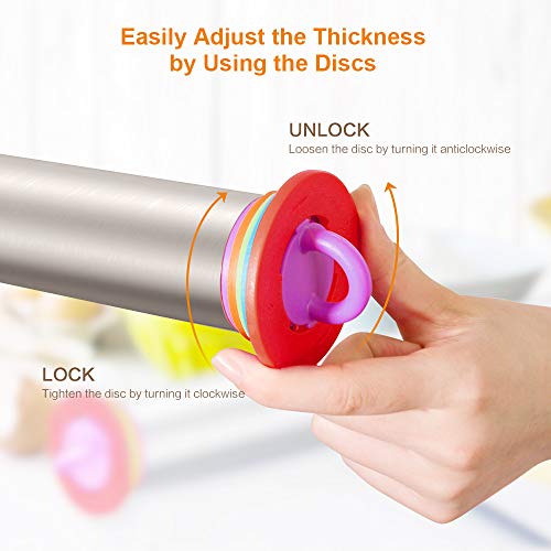 FIREOR Rolling Pin with Thickness Rings, Adjustable Stainless Steel Dough Roller with Silicone Non Stick Pastry Baking Mat for Dough, Fondant, Pizza, Pie, Pastries, Pasta and Cookies