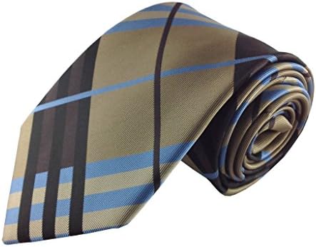 Mens Necktie Set Brown with Baby Blue Fashion Plaid Designer Tie