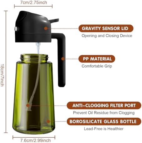 Dispensador de Aceite de Oliva Juego con Scuro Protezione Dalla Luce, 470ml 2 en 1 Spray de Cocina, Verde Pulverizador de Aceite de Calidad Alimentaria (Negro)