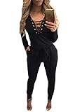 HOTAPEI Women's Lace Up Long Sleeve Drawstring Jumpsuit Romper