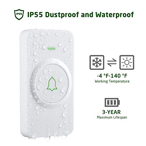 Wireless Door Bell, AVANTEK CW-21 Mini Waterproof Wireless Doorbell Operating at Over 1000 Feet, 2 Remote Buttons Can Have Different Tones, 52 Melodies, CD Quality Sound and LED Flash