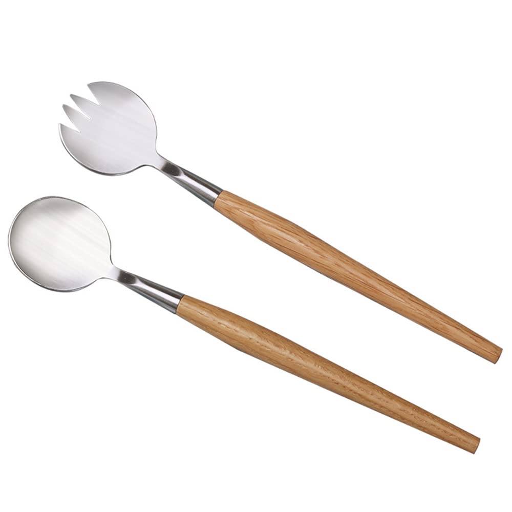 Salad Servers Stainless Steel Wooden Handle, 28 cm Salad Tongs Serving Tableware Set Salad Mixing Fork Spoon Long Handle Salad Fork Salad Spoon Set Wooden Cutlery Cutlery Set for Kitchen Dining Room