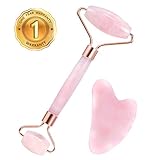 Jade Roller & Gua Sha Scrapper, Abody Facial Massager Roller Set for Skin Rejuvenate, Removing Wrinkles of Face, Eyes, Neck, Body Puffiness, Sliming and Firming, Natural Rose Quartz Roller