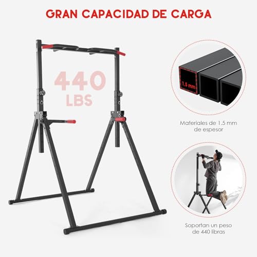 Rabbitstorm Barra de Dominadas Plegable de Torre Eléctrica, Barras Paralelas Calistenia Adjustable, Estación de Barra de Inmersión de Gimnasio en Casa, Estructura Triangular, Capacidad de Peso: 440LBS