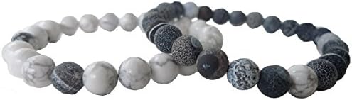 His and Her Couple Relationship Bracelet Black Matte Agate & White Howlite (Gray/White)