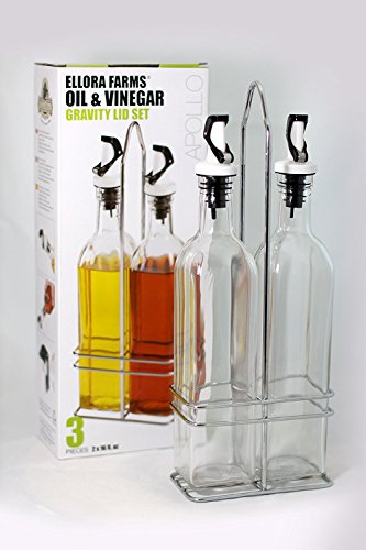 Ellora Farms | Apollo Glass Cruet Set | FREE Steel Caddy | Magnetized self closing Spout, Gravity dispenser | Suitable for Oils, Vinegar, Salad Dressing, Wines, Syrup | Large 17 Oz. Bottles | 3 PC Set