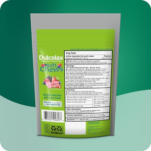 DULCOLAX SALINE LAXATIVE SOFT CHEWS, FAST-ACTING LAXATIVE, GENTLE CONSTIPATION RELIEF, MIXED BERRY FLAVOR, MAGNESIUM HYDROXIDE 1200 MG, 30 COUNT, OCCASIONAL CONSTIPATION.