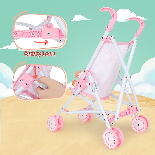 DeAO 17pcs Baby Stroller Toys with 33 cm Dolls Bag 2 Clothes for Dolls | Dolls Trolley with Quiet Wheels, Lightweight and Stable, Role Play for Children with Feeding and Baby Bottles for Dolls