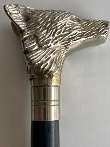 Victorian Style Brass/Wooden Walking Stick Wolf face Handle with Silver Chrome Finish