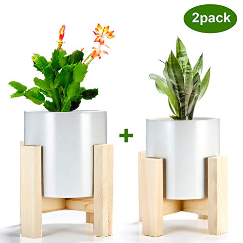 Indoor Plant Stand with Pots, ZOUTOG Mid Century Planter Stands, Beech Plant Stand for Indoor & Outdoor Use, Pots are Included, Pack of 2
