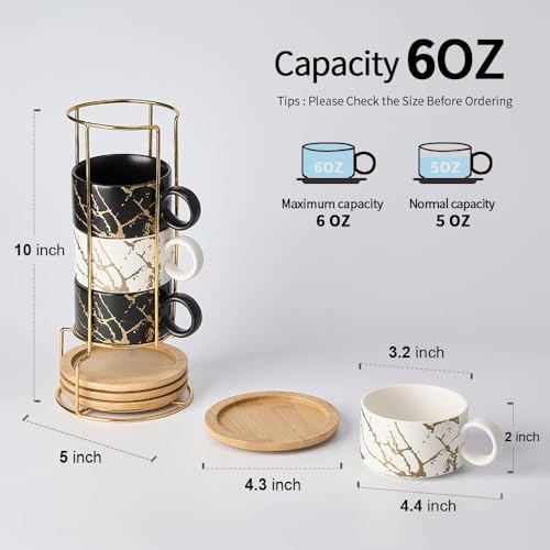 6oz Porcelain Espresso Cups with Metal Stand, 180ml Stackable Ceramic Coffee Mugs Set of 4 for Cappuccino, Latte, Mocha, Tea