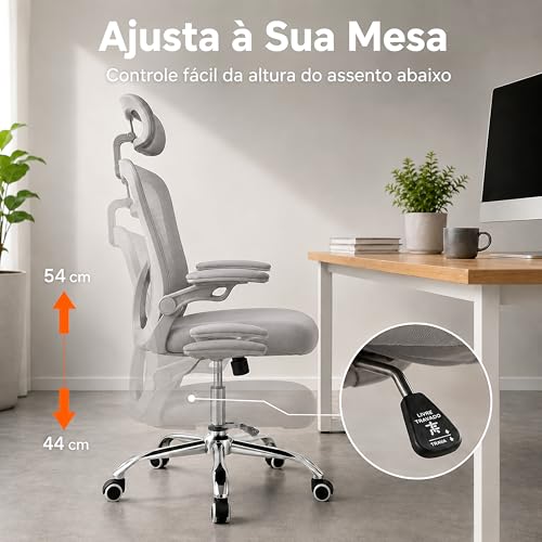 Laruno Cadeira de Escritório Ergonômica Premium NR17 Cinza Giratória Reclinável 145 Graus com Suporte Lombar Encosto Mesh Respirável Cadeira Gamer com Regulagem de Altura e Rodinhas Suporta até 120kg