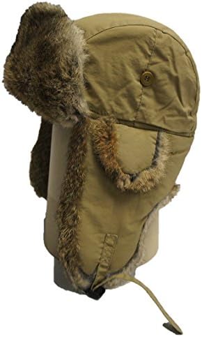 Hunting Alaskan Trail Brand Rabbit Fur Bomber / Aviator Russian Hat (Khaki Shell / Brown Fur)--Large