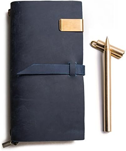 Genuine Leather Travel Journal + Copper Pen, Refillable Notepad for Men &amp; Women to Write In for Daily Use &amp; Travel - Ideal for Gifts (Blue, Standard size 8.7W × 4.9L Inches)