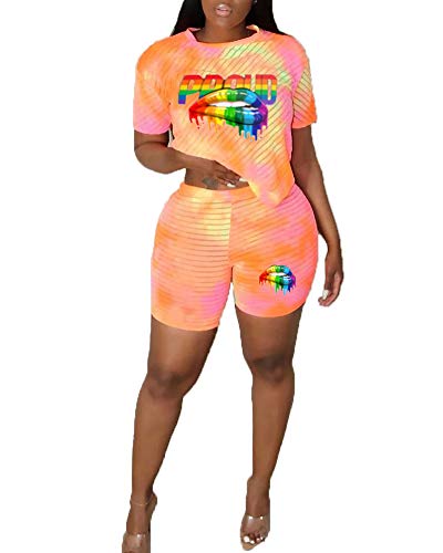 Halfword Womens 2 Piece Shorts Outfits Spandex Biker Lip Print Shorts Set Outfit Two Piece Tracksuits