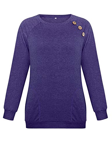 Womens Button Long Sleeve Tops Casual Blouses T-Shirt Round Neck Pockets Top Purple L