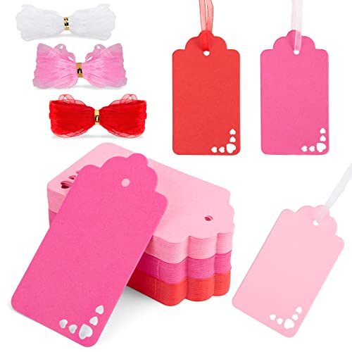 Koogel 120PCS Pink Gift Tags, Pink Heart Paper Tags Hollow Out Hanging Label with Organza Ribbons for Valentine\'s Day Wedding Party Gift Wrapping DIY Crafts Decoration