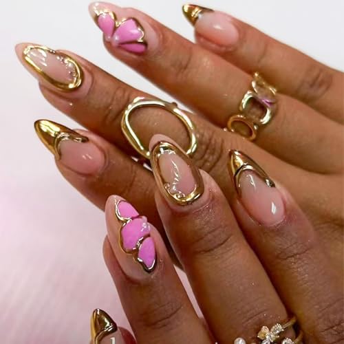 Auiremrti 24 Pieces Artificial Nails To Stick On, Pink Butterfly Shape French Tip Fake Nails In Almond Shape, Easy To Apply, Reusable Press On Nails