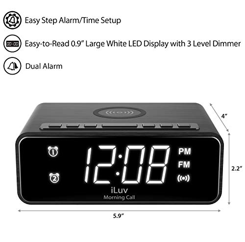 iLuv Wireless Charging Alarm Clock Radio with LED White Display, Dual Alarm, Super Loud Alarm Clock -Compatible with iPhone Xs Max, XR, X/Xs, Galaxy S9/S8/S7, AirPods 2G and More