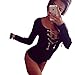 Blooming Jelly Women's Long Sleeve Lace Up Deep V Neck Short Bodysuit Playsuit,Black,Small
