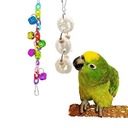ESRISE 7 Pcs Bird Parrot Toys, Natural Wood Hanging Bell Pet Bird Cage Hammock Swing Climbing Ladders Wooden Perch Mirror Chewing Toy for Conures, Love Birds, Small Parakeets Cockatiels, Macaws