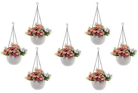 Round Gamla Pot Flower Hanging Round Rattan Woven Plastic Flower Hanging Basket Beautiful Pot for Garden Balcony (7 Pcs, White)