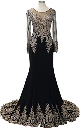 Babyonline Trumpet Long Evening Dress Lace Beads Long Sleeve Party Prom Gowns