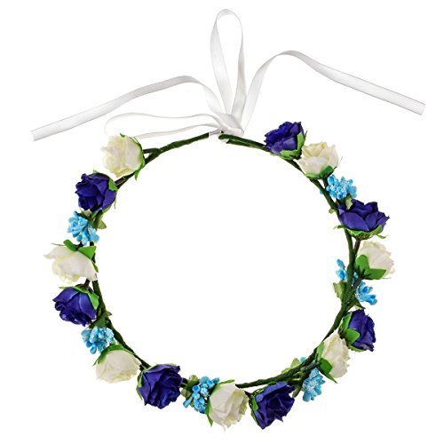 Love Sweety Rose Floral Crown Flower Headband Hair Wreath for Wedding Featival (Blue White)