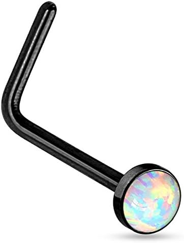 TrybeLife White Synthetic Opal Set in Flat Top "L" Bend Nose Stud. (Black)