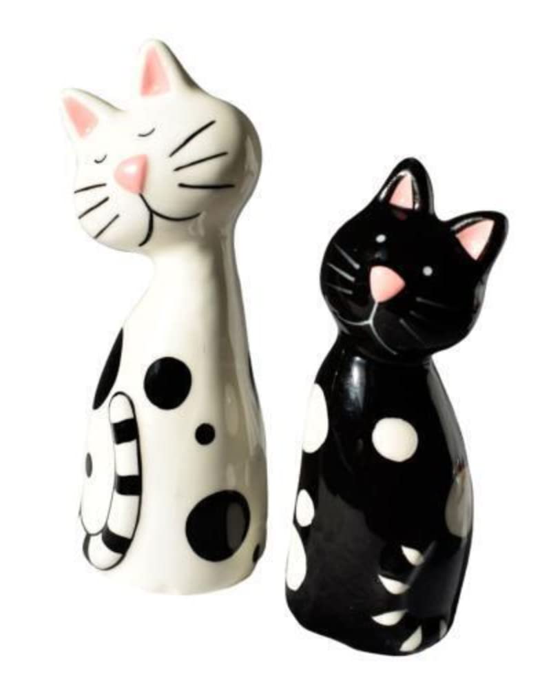 Novelty Ceramic Cute Cats Cruet Set - Salt and Pepper Pots/Shakers - Black/White - 12.5 cm