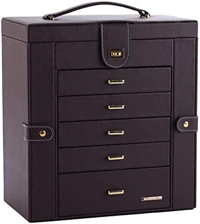 ROWLING Jewelry Box, Large Capacity, Hanging the Necklace, Accessory Storage Case, 5 Drawers (Brown)