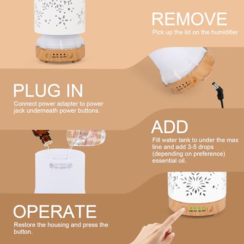 GuKKK Ceramic Essential Oil Diffuser Humidifier, 100 ml Silent Ultrasonic Aromatherapy Humidifier, with Timers and 7 LED Colours, for Home Office Bedroom