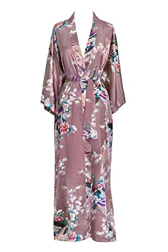 OLDSHANGHAI Women's Kimono Robe Long - Blossoms - Mauve, Satin Kimono Robes for Women with Floral Designs, 52 inches in Length, One Size Fits Most.