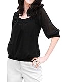 Allegra K Women Elbow Sleeve Pleated Front Blouses Panel Tops