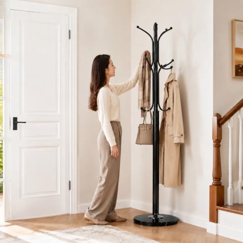 AUTOYSUR Metal Coat Rack Stand with Natural Marble Base, Tree Coat Rack Stand, Free Standing Hall Tree with 12 Hooks for Hanging Scarf, Bag, Jacket, Home Entry-way Hat Hanger Organizer (Black)