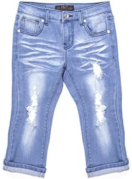 Lavo Girls Super Soft Stretch Fashion Capri Jeans with Rips Tears &amp; Whiskers Medium Blue Wash Denim Size 6