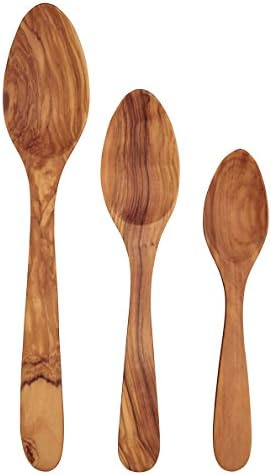 Scanwood Olive Wood Spoon (3 Curved Handle Serving Spoon Set 8.4" 10" 12")