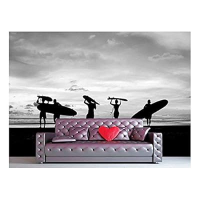 Silhouette of Surfer People Carrying Their Surfboard on Sunset Beach, Black and White Color - Removable Wall Mural | Self-Adhesive Large Wallpaper - 100x144 inches