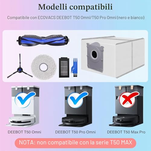 VIEWALL T50 Accessories for ECOVACS DEEBOT T50 Omni/T50 Omni Gen2/T50 PRO OMNI/T50 PRO Omni Gen2 Vacuum Cleaner, 1 Main Brush, 4 Side Brushes, 4 HEPA Filters, 6 Dust Bags