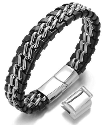 HALUKAKAH Boy's Kids Bracelet Leather ● Solo Silver ● 6-12 Y/O. Titanium Chain Magnetic Clasp 7-8"/18-19.5cm with Free Giftbox