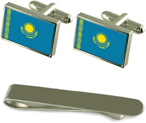 カザフスタンの国旗カフスボタンシルバータイクリップ刻まれたギフトセット Fizjolov Pl