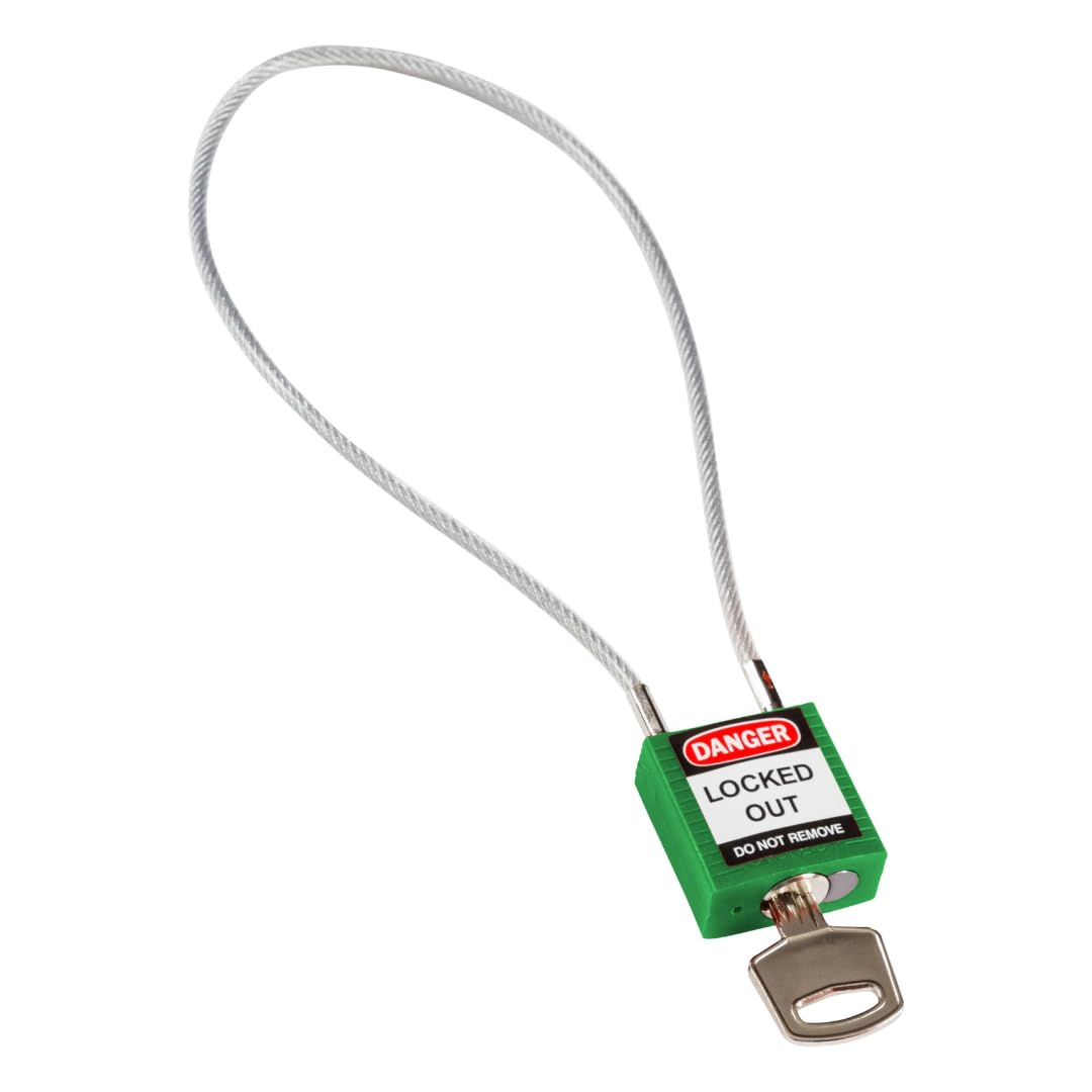 Brady Compact Cable Padlock - Lockout Tagout Security Lock - Safety Padlock with Nylon Body and Sheathed Steel Cable - Keyed Differently - 32mm x 35mm x 16mm - Cable Length 400mm, Green