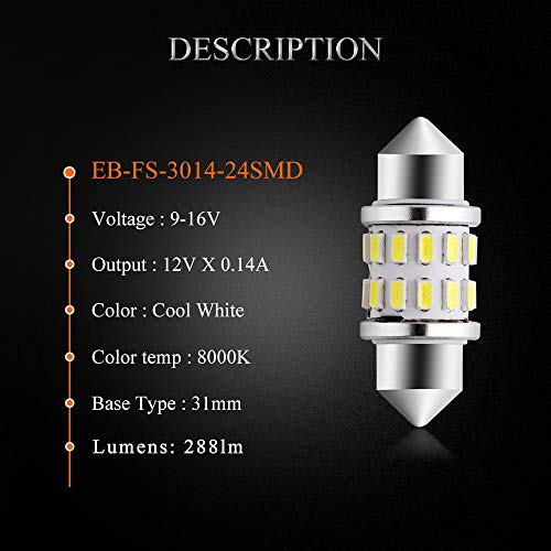 EverBrightt 2-Pack Cool White 31MM 3014 24SMD LED Festoon Light Lamp for Map Light Dome Light Trunk Light Plate Light