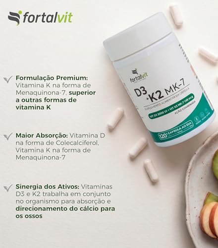 Vitamina D3 + K2 120 Cápsulas 4 Meses de Uso Longa Duração, 2000UI D3 149mcg Vitamina K2 MK-7, Fortalvit