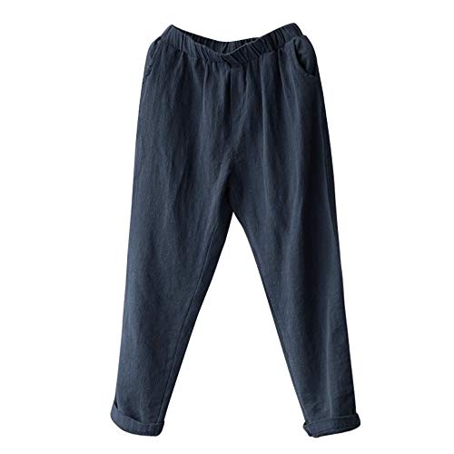 wodceeke Women Plus Size Pants, Elastic Casual Relaxed Loose Fit Cotton Linen Pants Harem Trousers Cropped Pants (L, Navy) - Thumbnail 7